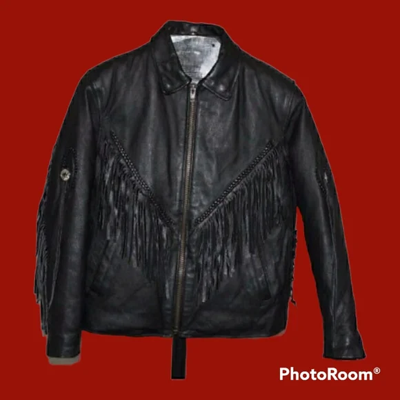 Diamond Plate Genuine Leather fringed bikers jacket - Picture 2 of 4